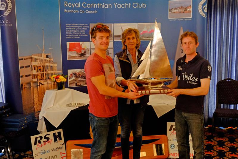 Annie Reid (RCYC Commodore) presents Ben Saxton (left) and Toby Lewis with the 2017 Endeavour Trophy photo copyright Roger Mant Photography taken at Royal Corinthian Yacht Club, Burnham and featuring the RS200 class
