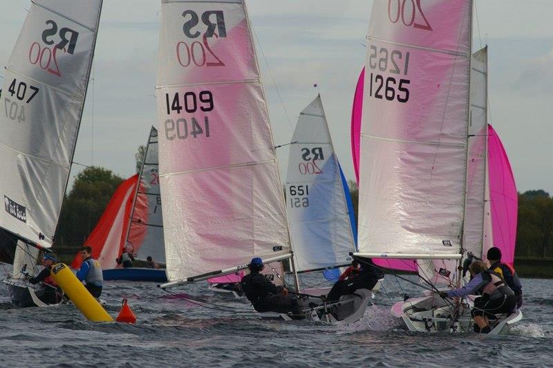 The fleet spreads out at the spreader mark - RS200 SEAS End of Series Open Meeting at Island Barn photo copyright Jim Champ taken at Island Barn Reservoir Sailing Club and featuring the RS200 class