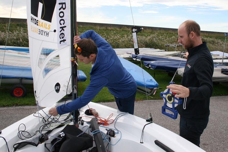 Christian Birrell and Sam Brearey check their mast rake on the Endeavour Trophy training day photo copyright Sue Pelling taken at Royal Corinthian Yacht Club, Burnham and featuring the RS200 class