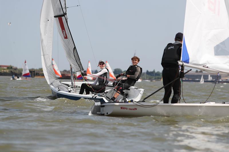 All smiles for Freddie Sutton and Tom Hirst as they head to 4th overall and first double-hander in the KSSA Mid-Summer Regatta 2019 at Medway YC - photo © Jon Bentman