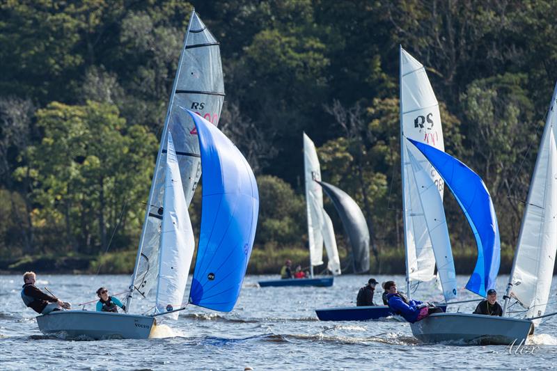 Brendan/Ellen chasing down Calum/Tony, with Charlie/David and Martin/Cameron in the backgroud during the RS200 Scottish Championship photo copyright Alex Workman taken at Castle Semple Sailing Club and featuring the RS200 class