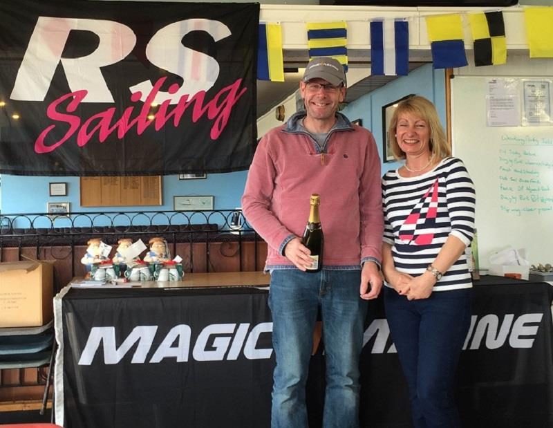 Champion Steve Bolland with the Commodore's wife Sue Howcroft at the Magic Marine RS300 Spring Championship at Stewartby Water photo copyright Dan Treloar taken at Stewartby Water Sailing Club and featuring the RS300 class