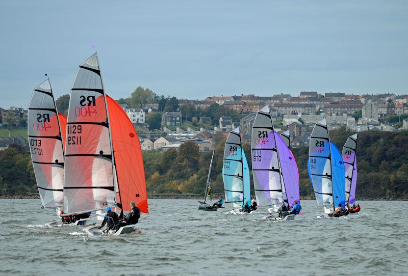 Close racing downwind during race 3 of the RS400 Scottish Traveller at Dalgety Bay photo copyright Steve Webb / Ian Baillie taken at Dalgety Bay Sailing Club and featuring the RS400 class