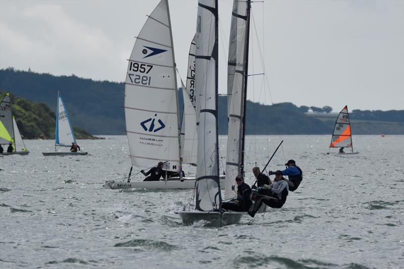 Tim Wilkins in an RS500 closely followed by Chris Symons in an RS800 with visitor to the club Liam Thom representing Shanklin Sailing Club in a Dart 15 during the Isle of Wight Dinghy Championships at Gurnard photo copyright Matt Smith taken at Gurnard Sailing Club and featuring the RS500 class