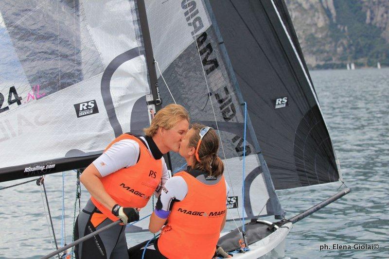 Michiel Geerling proposes to Hilde van Susante on day 1 of the RS500 Worlds at Lake Garda photo copyright Elena Giolai taken at Fraglia Vela Riva and featuring the RS500 class