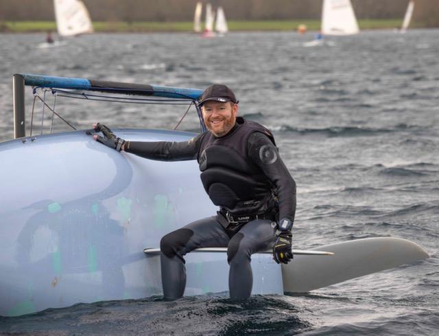 Plenty of spills - Alex Piggott resting during the Notts County First of Year Race 2022 photo copyright David Eberlin taken at Notts County Sailing Club and featuring the RS600 class