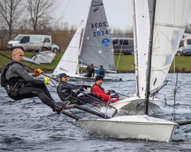 Jamie Mawson leading Kevin Hope and Andy Stewart during the Notts County First of Year Race 2022 photo copyright David Eberlin taken at Notts County Sailing Club and featuring the RS600 class
