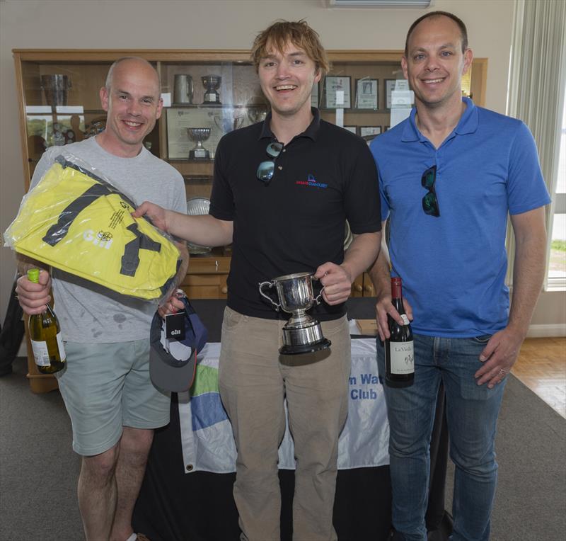 From left to right. Jamie Mawson (2nd), George Smith (1st), Richard Bone (3rd) - RS600 Rooster National Tour Inland Championship 2025 photo copyright Paul Sanwell / OPP taken at Grafham Water Sailing Club and featuring the RS600 class