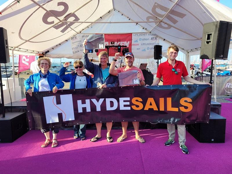 from left Clare Sargent (RS Class Association Secretary), Nuala Sellwood and Ralph Singleton RS800 winners, Simon Hawes RS700 winner, Tom Rushbridge (Race Officer) - photo © Sally Campbell