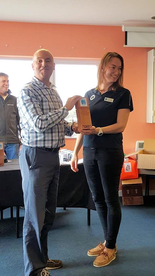 Chris Jones of Sutton Bingham SC,  pictured with Kate Fortnam of The Green Blue, wins the RS Aero 7 class at the inaugural RS Aero Sustainability Challenge at Burghfield SC photo copyright Jane Hutchins taken at Burghfield Sailing Club and featuring the  class