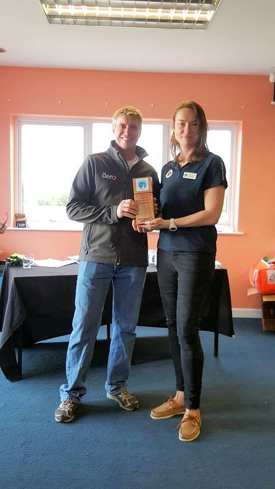 Peter Barton of Lymingon, pictured with Kate Fortnam of The Green Blue, wins the RS Aero 9 class at the inaugural RS Aero Sustainability Challenge at Burghfield SC photo copyright Jane Hutchins taken at Burghfield Sailing Club and featuring the  class