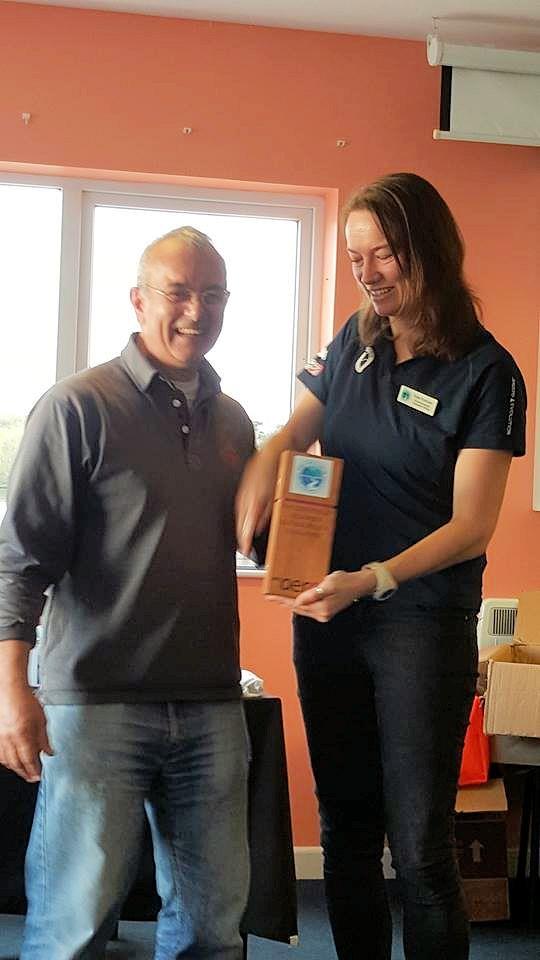 Roshan Verghese of Felpham SC, pictured with Kate Fortnam of The Green Blue, wins the RS Aero 5 class at the inaugural RS Aero Sustainability Challenge at Burghfield SC photo copyright Jane Hutchins taken at Burghfield Sailing Club and featuring the  class