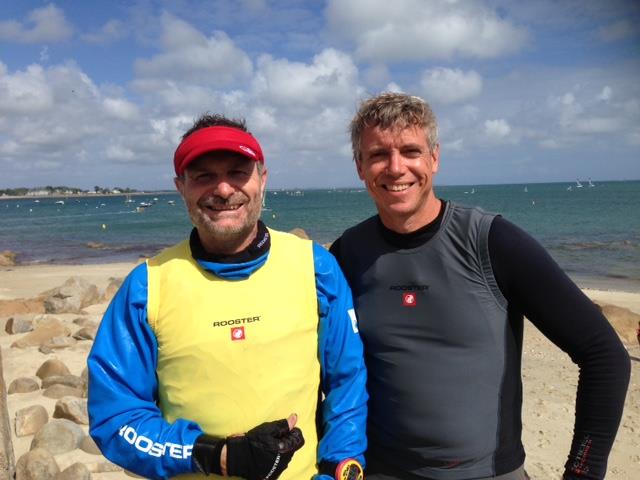 Steve Cockerill and Pete Barton in their bibs at the Rooster RS Aero World Championship photo copyright Peter Barton taken at Yacht Club de Carnac and featuring the  class