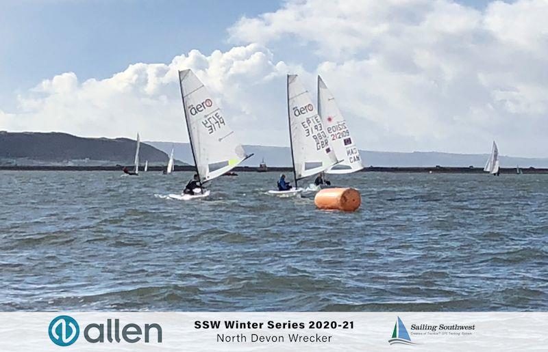 Greg Bartlet takes an early lead ahead of Peter Barton and Ben Flower in the North Devon Wrecker pursuit race photo copyright Sailing Southwest taken at North Devon Yacht Club and featuring the RS Aero class