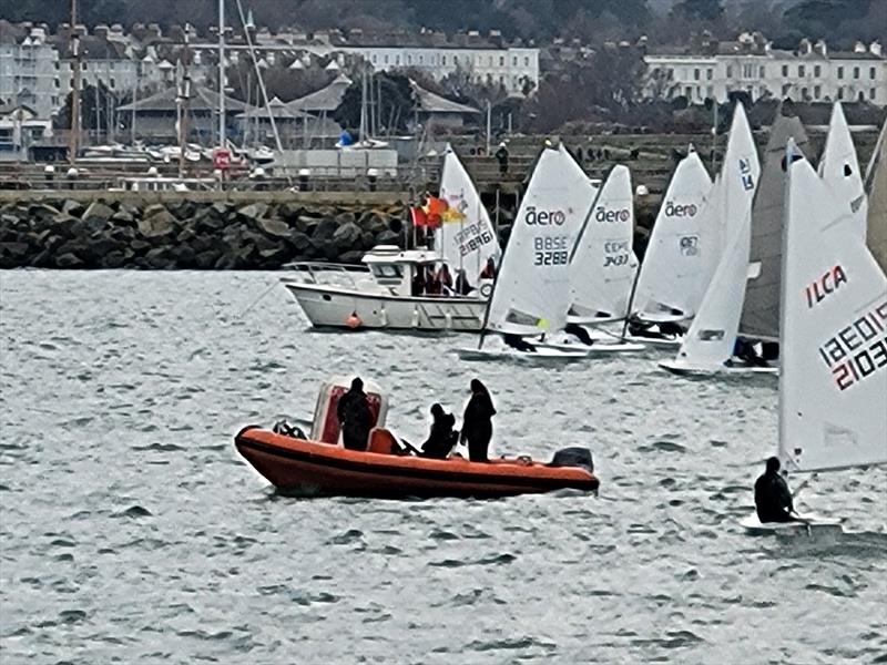 Start for the PY Fleet – Stephen Oram (3288) leads the fleet off the line - Viking Marine DMYC Frostbite Series 2 day 7 photo copyright Neil Colin taken at Dun Laoghaire Motor Yacht Club and featuring the  class