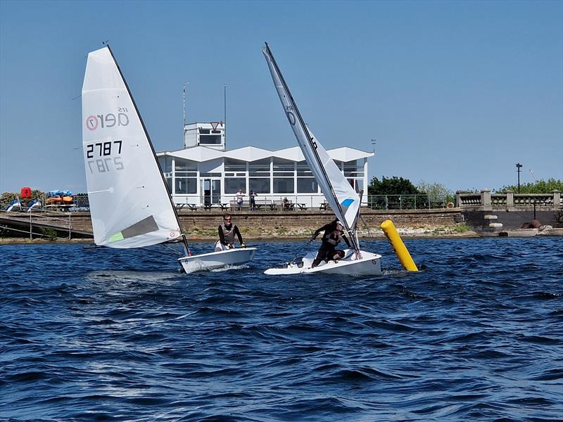 Mind your head! Aero 7s gybing at leeward mark during the RS Aero Spring Championships at Island Barn - photo © Kate Symons