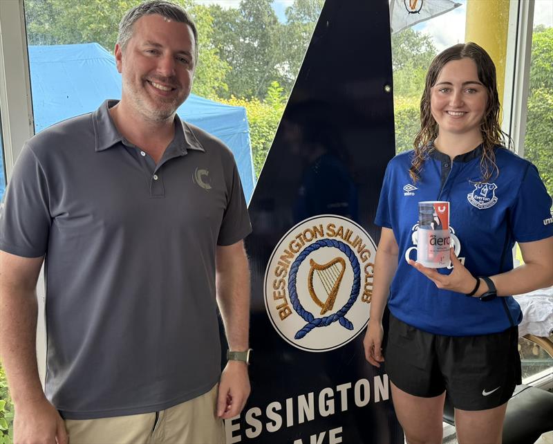 RS Aero Western Championships 2025: Event sponsor Cillian Griffith, Covy Water Sport with Irish Aero Western Champion Sophie Crosbie (RCYC) photo copyright Noel Butler taken at Blessington Sailing Club and featuring the RS Aero 5 class
