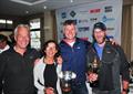 2021 RS Elite Eastern Area Championship winners Paul and Caroline Fisk (L) and Richard Tucker (R) presented with their prizes by Stu Bithell © Alan Hanna