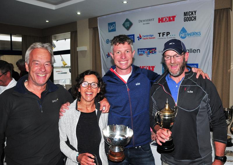 2021 RS Elite Eastern Area Championship winners Paul and Caroline Fisk (L) and Richard Tucker (R) presented with their prizes by Stu Bithell photo copyright Alan Hanna taken at Royal Burnham Yacht Club and featuring the RS Elite class