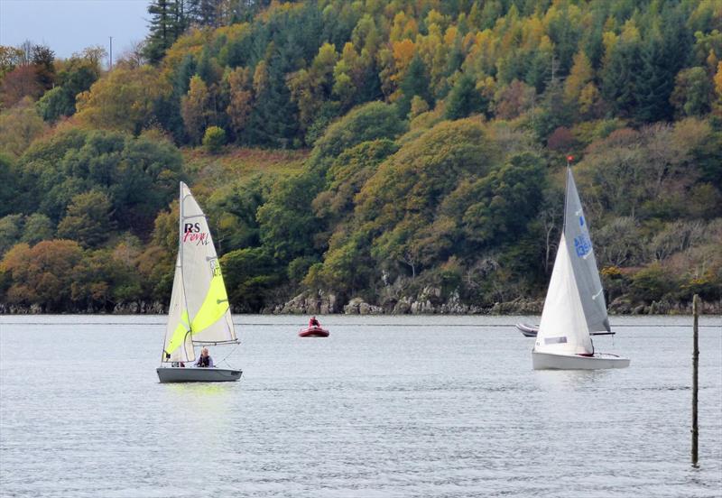 Going for cadets honours; Tamsin Wallace and Katie Harris (RS Feva) ahead of James and Katie Bishop (GP14) during the Solway Yacht Club Bumfreezer Series  - photo © Solway YC