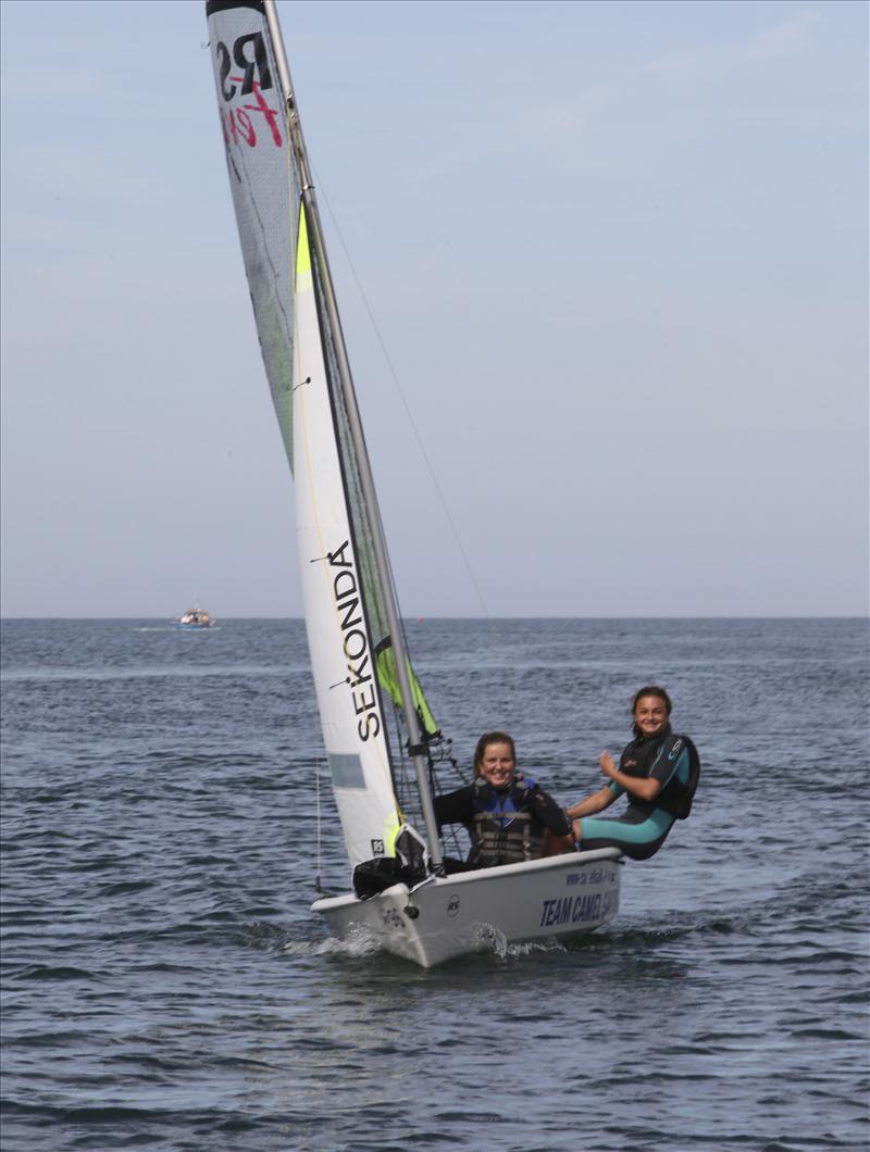 OnBoard Cornwall RS Feva Travellers' Series at Rock winners, Ellie Nuttall (right) and Esme Hovil photo copyright Alex Ward taken at Rock Sailing and Waterski Club and featuring the RS Feva class