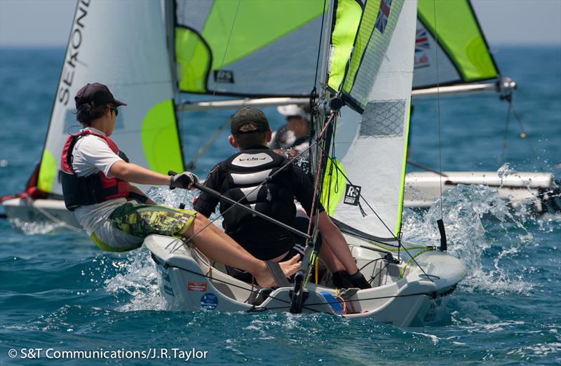 2013 RS Feva worlds day 3 photo copyright S&T Communications / J.R. Taylor taken at Compagnia della Vela Grosseto and featuring the RS Feva class