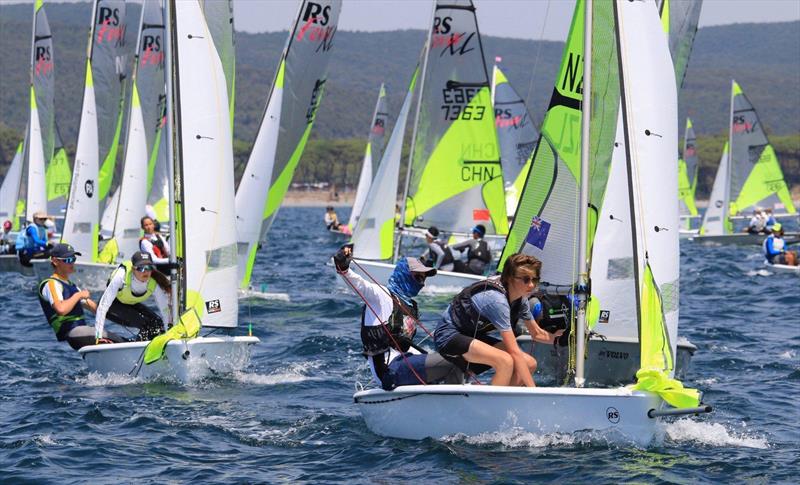 New Zealand crews in action on Day 1 of the 2019 RS Feva World Championships, Follonica Bay, Italy photo copyright Elena Giolai / Fraglia Vela Riva taken at Gruppo Vela L.N.I. Follonica and featuring the RS Feva class