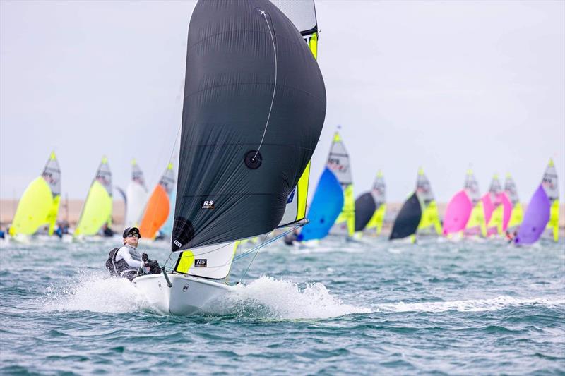 Simon Cooke and Rebbeck (NZL) leading the RS Feva Worlds at the RS Games - Day 1 - Weymouth UK - July 2022 photo copyright RS Feva class taken at Weymouth & Portland Sailing Academy and featuring the RS Feva class