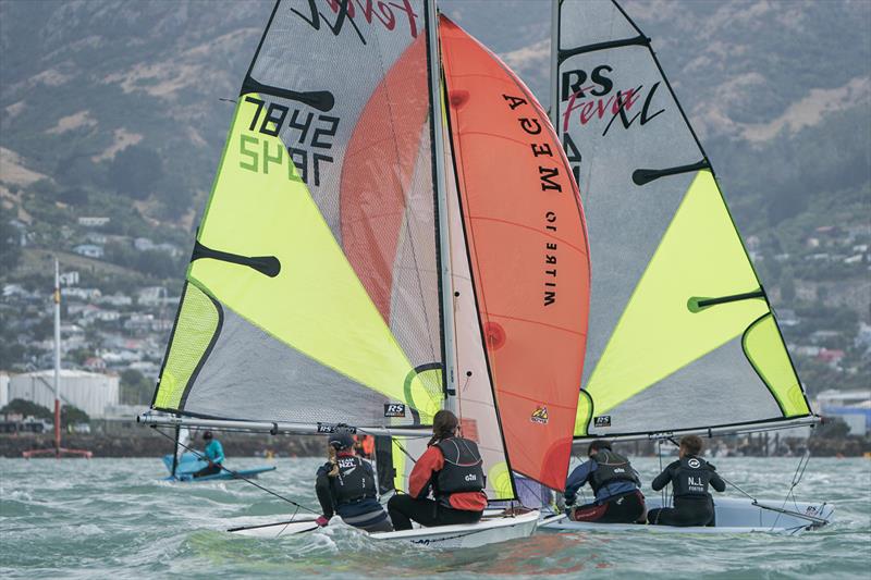 RS Fevas racing in the SailGP Inspire program - Lyttelton - March 23, 2024 photo copyright Justin Mitchell taken at Naval Point Club Lyttelton and featuring the RS Feva class