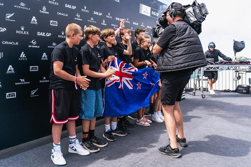 Matteo Barker and Blake Battten with first girls Zofia Wells and Charlotte Handley, on the SailGP main stage prizegiving - January 2025 - photo © SailGP