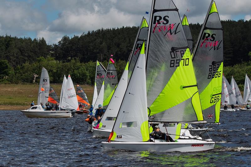 Close Feva Racing - NEYYSA North Region Youth & Junior Championships at Derwent Reservoir photo copyright Dave Wood taken at Derwent Reservoir Sailing Club and featuring the RS Feva class
