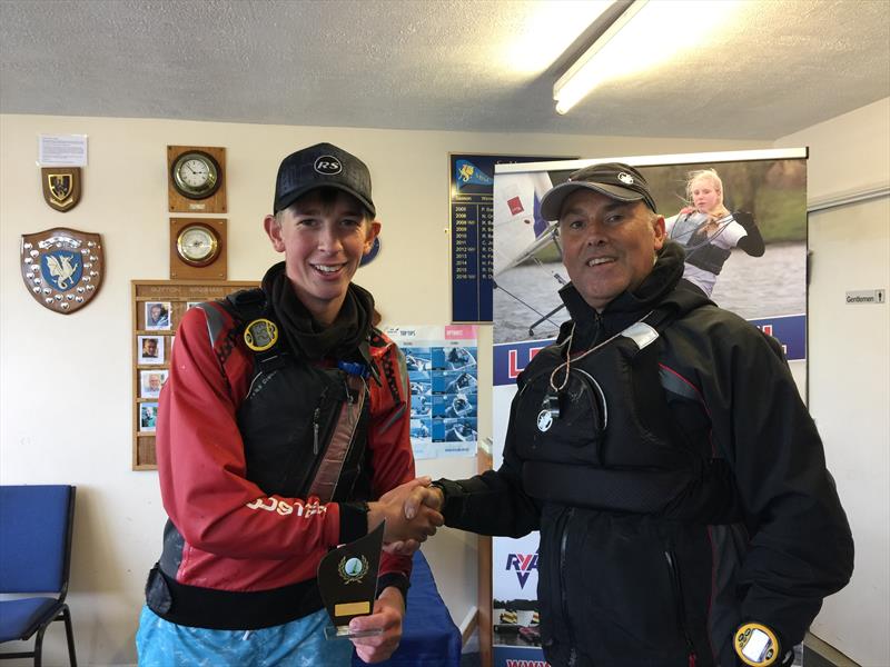 Race Officer, Chris Jones congratulates Andrew Frost on winning the Sutton Bingham RS Tera Open photo copyright Chris Jones taken at Sutton Bingham Sailing Club and featuring the RS Tera class