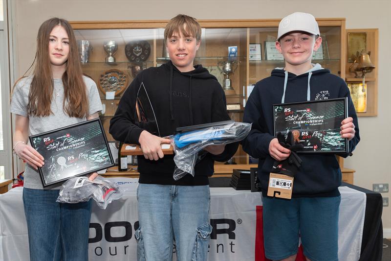 Rooster RS Tera Start of Season Championships Pro Fleet Podium (l-r) Hannah Yates (2nd), Cass Day (1st), Oscar Davenport (3rd) - photo © Paul Sanwell / OPP