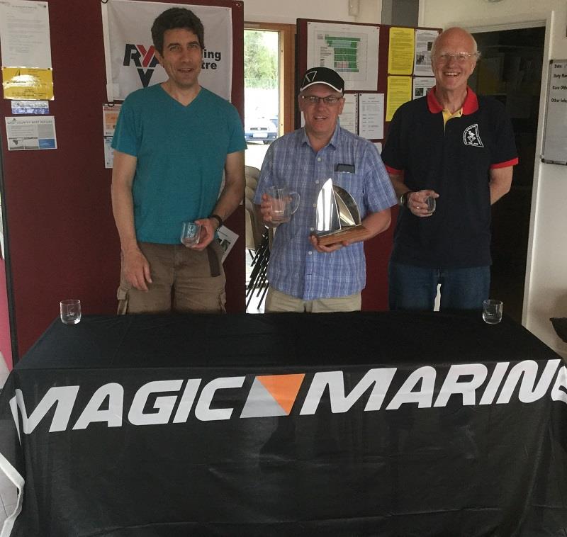 RS Vareos at the South Cerney Asymmetric Open (l-r) Nick Crickmore 3rd, centre Jeremy Symons 1st, right Kevin Whitehead 2nd photo copyright Dave Whittle taken at South Cerney Sailing Club and featuring the RS Vareo class