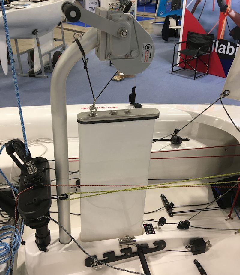 RS Venture showing bulb keel retracted for landing/towing - the curved metal arm with winch on top is removed for sailing, after the keel has been lowered photo copyright Magnus Smith / YachtsandYachting.com taken at RYA Dinghy Show and featuring the RS Venture class