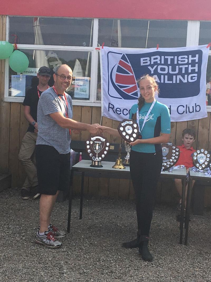 Lia Horne receives the Best School Team trophy on behalf of South Bromsgrove High School, at the OnBoard Regatta at Upton Warren photo copyright RYA taken at Upton Warren Sailing Club and featuring the  class