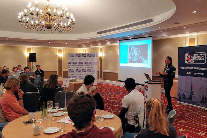 British Keelboat Academy selection weekend participants listen to Emily Nagel sharing her experiences as a professional sailor - photo © Richard Moxey