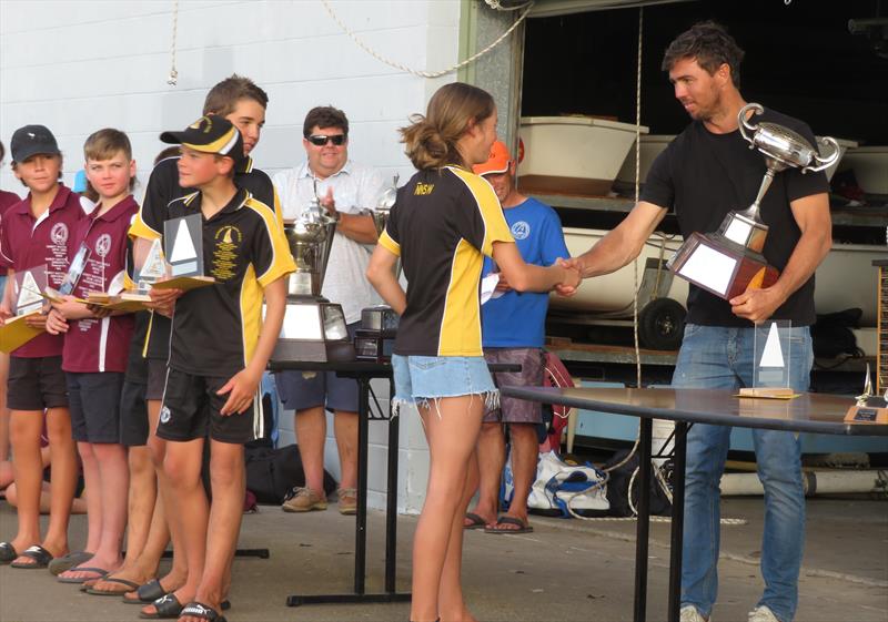 Thanks to Iain Jensen for presenting the Championship trophies – the kids also enjoyed a Q&A session with Iain, a former Lake Macquarie sabot sailor, during the 58th Sabot National Championship - photo © Sam Gong