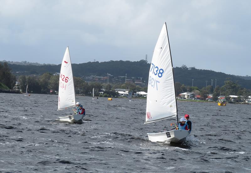 Close 2-Up National Championship racing, White Pearl (Luke Mercer and Mary Lou Doolan) just ahead of Aerial (Lily and Harry Mercer) during the 58th Sabot National Championship photo copyright Col Skelton taken at Teralba Amateur Sailing Club and featuring the Sabot class