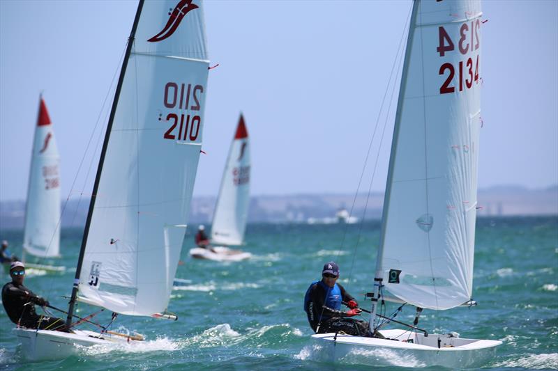 Adrian and Hamish battling for first prize during the 2022 Victorian Sabre State Titles photo copyright Russell Bates taken at Blairgowrie Yacht Squadron and featuring the Sabre class