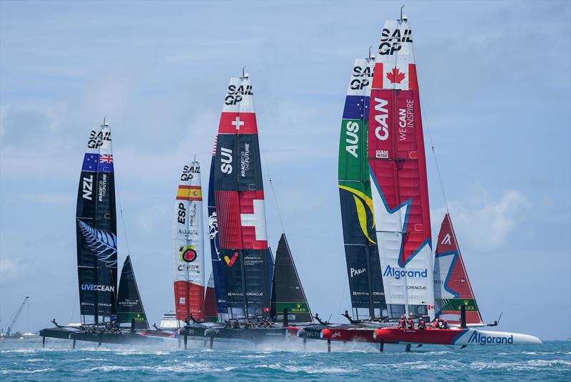 New Zealand SailGP Team, Spain SailGP Team, Switzerland SailGP Team, Australia SailGP Team and Canada SailGP Team competing in the first race  - Race Day 2 of Bermuda SailGP Season 3, Bermuda. May 2022 photo copyright Bob Martin/SailGP taken at Royal Bermuda Yacht Club and featuring the  class