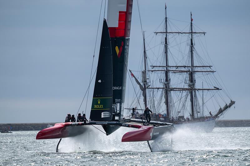 Switzerland SailGP Team helmed by Sebastien Schneiter on Race Day 1 of the Great Britain Sail Grand Prix | Plymouth in Plymouth, England photo copyright Ricardo Pinto for SailGP taken at  and featuring the  class