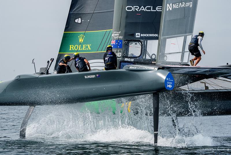 Australia SailGP Team helmed by Tom Slingsby in action during a practice session ahead of the ROCKWOOL Denmark Sail Grand Prix in Copenhagen, Denmark photo copyright Bob Martin for SailGP taken at  and featuring the  class
