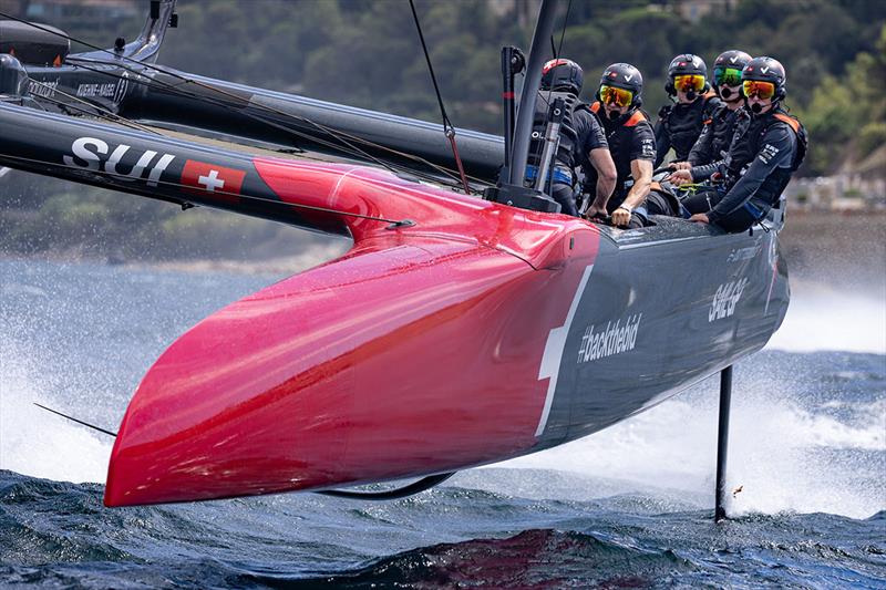 Switzerland SailGP Team helmed by Nathan Outteridge practice on Race Day 1 of the Range Rover France Sail Grand Prix in Saint Tropez, France photo copyright David Gray for SailGP taken at  and featuring the  class
