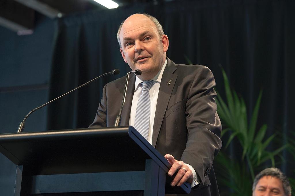 Emirates Team New Zealand welcome home event in Auckland. Minister of Economic development Steven Joyce announces the governments support for the team to continue on to AC35. 4/10/2013 photo copyright Chris Cameron/ETNZ http://www.chriscameron.co.nz taken at  and featuring the  class