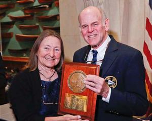 Blue Water Medal: Jeanne Socrates (left) accepts the 2013 Blue Water Medal from Cruising Club of America Commodore Frederic T. Lhamon (right) for her completion of a solo nonstop circumnavigation of the world on her third attempt. photo copyright Dan Nerney  taken at  and featuring the  class