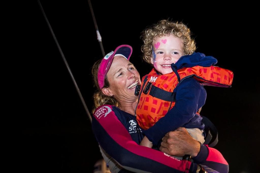 January 27, 2015. Team SCA arrives in Sanya in sixth position, after 23 days of sailing. Carolijn Brouwer meets her family at the pontoon. photo copyright Volvo Ocean Race http://www.volvooceanrace.com taken at  and featuring the  class