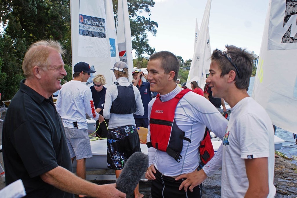 ONE Sports&rsquo; Martin Tasker interviews Blair Tuke and Chris Dawson (right) aftre the finish of the OKI 24 Hour Race, Lake Pupuke photo copyright Richard Gladwell www.photosport.co.nz taken at  and featuring the  class