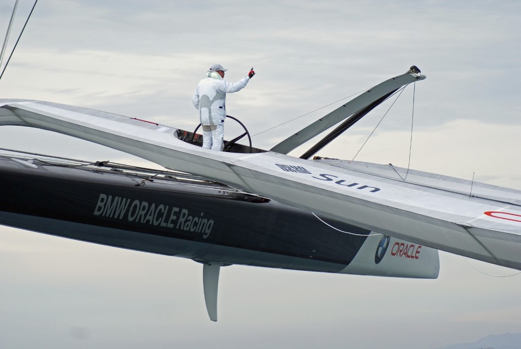 Larry Ellison in flight mode during Practice Day, 2010 America’s Cup - photo © Richard Gladwell www.photosport.co.nz
