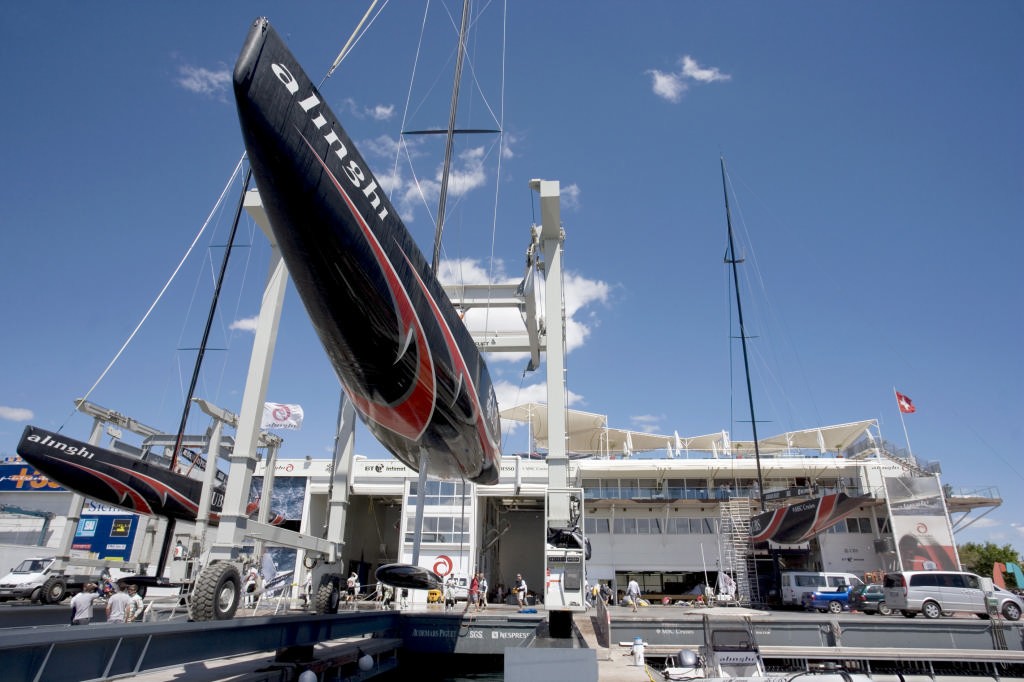 Alinghi SUI-100 showing her fuller underbody. She is expected to have good straight line speed. photo copyright Ivo Rovira /Alinghi taken at  and featuring the  class